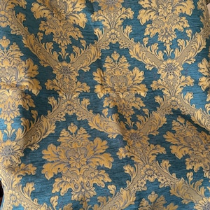 Temp reserve// Vintage French Acanthus Medallion Interiors Fabric Remnant ~ Prussian Petrol Blue Warm Ochre Gold