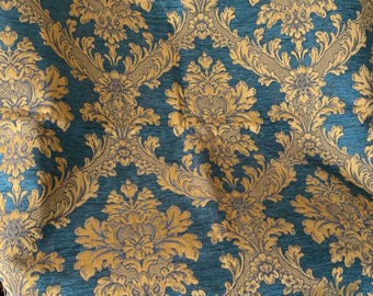Vintage French Acanthus Medallion Interiors Fabric Remnant ~ Prussian Petrol Blue Warm Ochre Gold