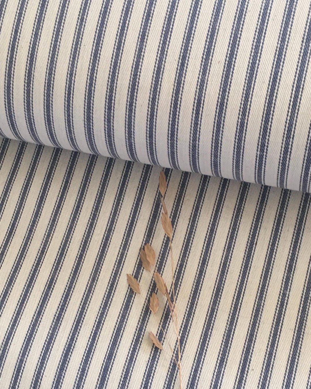 Vintage Cotton Ticking Fabric ~ Blue Natural off White ~ Unused