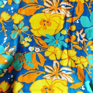 Beautiful Big Bold Vintage Retro Floral Cotton ~ 1960’s Flower Power Textile ~ Blue Yellow Tangerine Orange ~ Unused