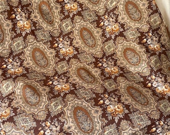 Vintage French Retro Old World Medallion Floral Roses Paisley Interiors Cotton Fabric ~ Brown Ochre Yellow Gold