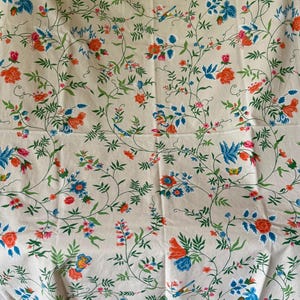 Beautiful Vintage Vining Floral Bird Butterfly Cotton Fabric Remnant ~ Blue Green Yellow Orange ~