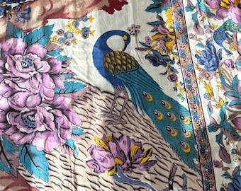 Gorgeous Vintage Retro Boho Tree of Life Floral Cotton Bed Cover Curtain Wall Art ~ Peacock Birds Owl Squirrel ~ Teal Blue Purple Yellow
