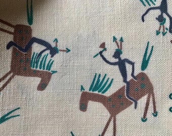 Antique Vintage Western Native American Indian Horse Cotton Fabric ~ Blue Brown Teal Green ~ 1940’s Indian Head Cotton