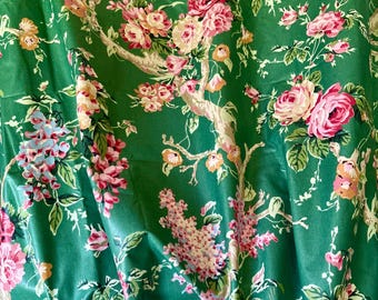 Gorgeous Vintage Tree of Life Branching Roses Floral Polished Cotton Chintz Fabric ~ Rose Pink on Green ~ English Country Style