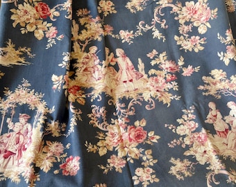 Beautiful Antique French Circa 1900 Figural Floral Roses Garlands Courting Couple Toile Cotton Fabric ~ Rose Slate Blue ~ Marie Antoinette