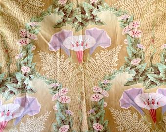 Gorgeous 19th Century 1890 Antique French Morning Glory Fern Botanical Floral Fabric Sample #1 ~ Ochre Yellow Lavender Pink Sage Green