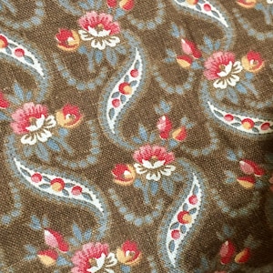 Antique 19th Century 1800 Small Scale Roses Floral Calico Cotton Fabric ~ Brown Red Rose Gray Ochre~ Historic Clothing Doll Dress Quilt