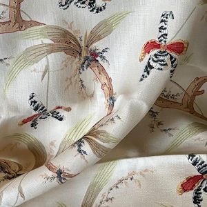 Gorgeous Vintage Interiors Botanical Orchid Floral Pure Linen Fabric ~ Black Red Yellow Blue Sage Olive Green Brown ~ 1980’s Textile