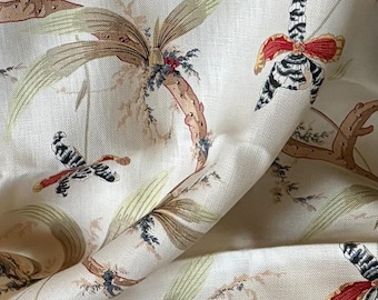 Gorgeous Vintage Interiors Botanical Orchid Floral Pure Linen Fabric ~ Black Red Yellow Blue Sage Olive Green Brown ~ 1980’s Textile