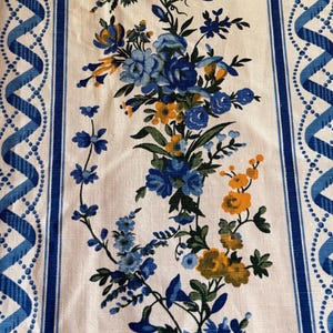 Vintage French Folksy Floral Roses Cotton Interiors Fabric #2 ~ Blue Yellow Green ~ French Country Cottage Chic ~ Romanex Boussac ~1950 1960