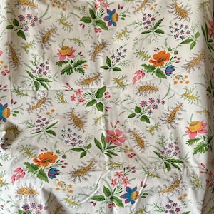 Beautiful Vintage Retro French Botanical Floral Cotton Interiors Furnishings Fabric ~ Pink Orange Green Blue Yellow ~ Romanex Boussac~ 1974