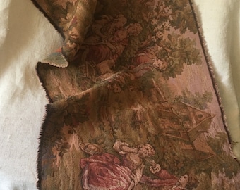 Vintage Frans pastoraal schilderachtig figuratief romantisch vrijend paar schapen geweven katoenen jacquard tapijt ~ Frans landdecor