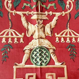 Beautiful Vintage 1980’s French Figural Chinoiserie Chinois Le Manach Hand Printed Cotton Fabric Sample ~ Red Green~ pillow textile project
