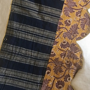 Antique Early 19th Century 1800’s French Floral Stripe Cotton Fabric Pelmet Valance ~ Indigo Blue Yellow Mustard Ochre Madder Purple