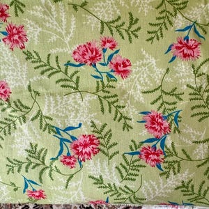 Puede incluir: Primer plano de una tela con un estampado floral. La tela tiene un fondo verde claro adornado con claveles rosas, hojas verdes, detalles blancos en forma de helecho y tallos azules. El patrón se distribuye uniformemente por la tela.