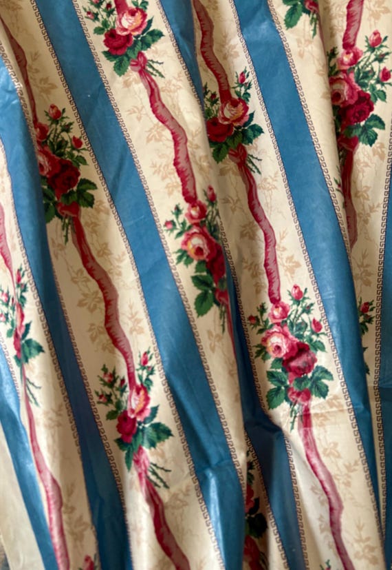 Vintage Floral Roses Ribbon Stripe Polished Cotton Chintz Fabric