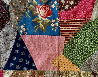 Antique 19th Century 1800’s Patchwork Country Quilt ~ Gorgeous Old Fabric & Calico ~ Red Brown Blue Green ~ Sweet Repair on Back
