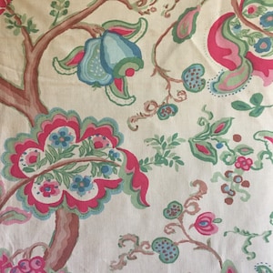 Vintage Retro Indienne Tree of Life Mod Jacobean Floral Cotton Interiors Stoff ~ Rosa Blau Grün Braun Eierschalencreme ~ 1960er Jahre