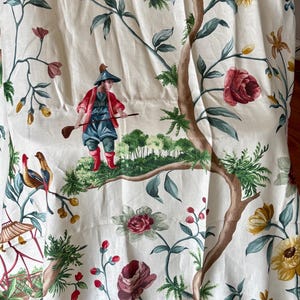 One Beautiful French Pierre Frey Linen Fabric Curtain Panel ~ Chinon ~ Red Green Brown Yellow Bordeaux Blue ~ Chinoiserie Chic ~ 55 x 95