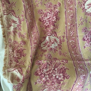 Gorgeous Antique French Floral Love Bird Fountain Grapes Linen Fabric Long Curtain Lovely Trim ~ Ochre Mustard Yellow Raspberry Pink Mauve ~