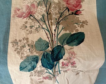 Gorgeous Antique 19th C Mulhouse French Roses Lilac Floral Wide Stripe Cotton Interiors Fabric #1 ~ Pink Blue Green ~ French Country House