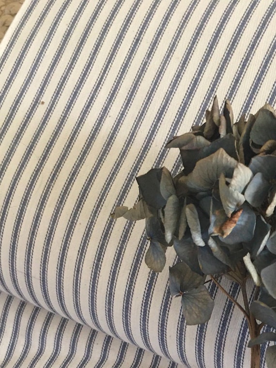 Vintage Cotton Ticking Fabric ~ Blue Natural off White ~ Unused