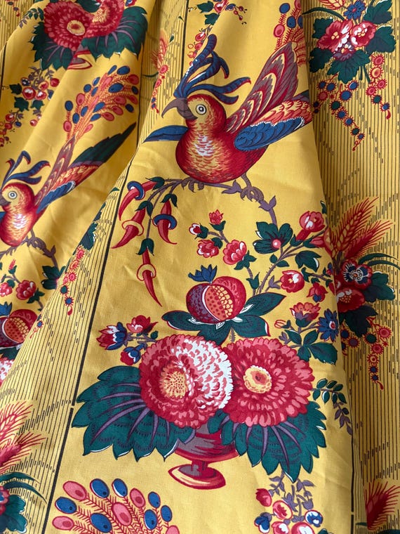 Superb Vintage French Floral Bird Interiors Cotton Fabric ~Prelle Hand Print ~Yellow Red Blue Green Historic Cooper Hewitt Portuguese Chintz