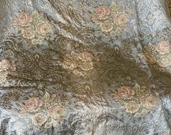 Gorgeous Antique Vintage French or English Floral Roses Carved Satin Brocade Jacquard Fabric #2 ~ Time Softened Blue Apricot Pink Green