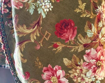 Antique 19th Century French Floral Roses Cotton Fabric Large Ceil de Lit Pelmet Valance ~ Brown Red Pink ~ 1870 1880 ~French Country Cottage