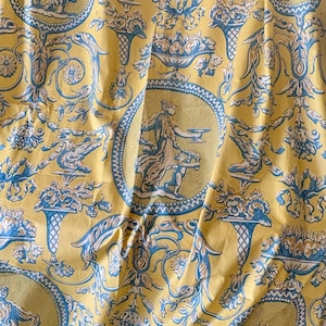 Stunning Classic Vintage French Figural Neo Classic Cherub Urn Floral Garlands Interiors Toile Cotton Fabric ~ Blue Yellow