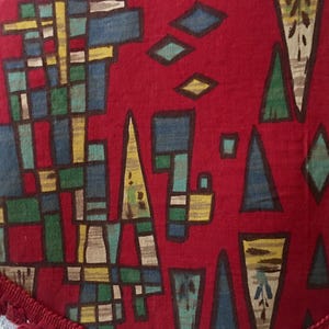 Vintage French Mid Century Scalloped Abstract Cotton Fabric Pelmet Valance Curtain ~ Red Blue Green ~ 1950s Retro Decor