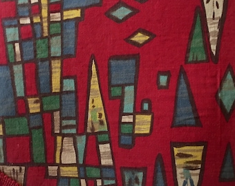 Vintage French Mid Century Scalloped Abstract Cotton Fabric Pelmet Valance Curtain ~ Red Blue Green ~ 1950s Retro Decor