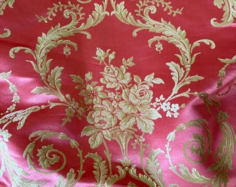 Sublime Antique French Rococo Floral Roses Cartouche Silk Damask Fabric ~ Gorgeous Coral Pink Gold ~ Long panel 23” x 74” ~ 2 available