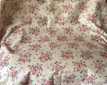 Gorgeous Vintage English Floral Roses Chintz Cotton Fabric #2~ Coral Pink Red Green Blue on a Buttery Yellowish Cream Ground