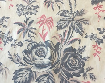 Antique French Botanical Indienne Inspired Roses Floral 19th Century Cotton Interiors  Fabric ~ Rose Pink Gray
