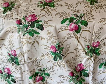 Beautiful Vintage Mid Century Roses Floral Meadow Grasses Cotton Fabric ~ Pink Green Soft Metallic Gold ~ Mid Century Cottage