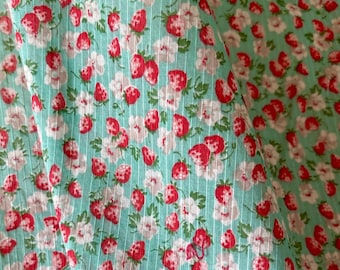 Antique  Small Scale Petite Strawberry  Floral Light Dimity Cotton Fabric ~ Pink Red Green Aqua Turquoise ~ Dolls Doll House Projects