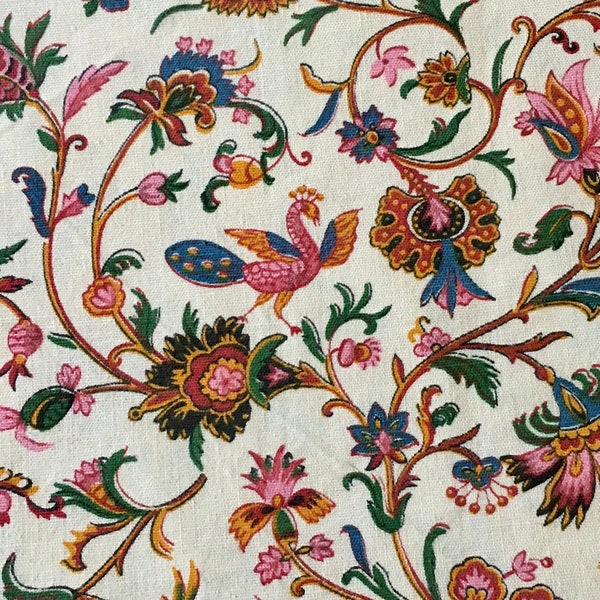 Vintage French Jacobean Floral Peafowl Bird Cotton Fabric ~ Pink Blue Gold Green ~ Romanex de Boussac ~ smaller scale