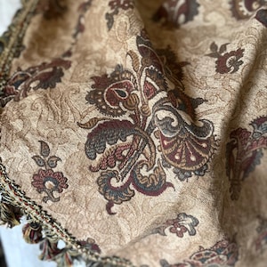 Pair Antique French Floral Jacquard Fabric Pelmet Valance with Passementerie Trim ~ Rich Grayish Green Smoky Tealish Blue Burgundy Camel