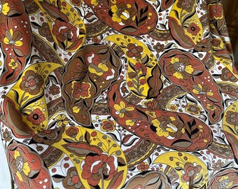 Vintage Retro Mod 1960’s Bold Large Paisley Flower Power Floral Printed Velvet Fabric ~ Brown Rust Yellow ~
