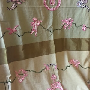 Gorgeous Unique Handmade Applique Embroidered French Huet Toile Cherub Large Cotton Fabric Panel Bed Cover Wall Hanging~Olive Green Pink Red