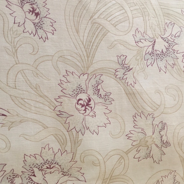 Beau tissu en coton intérieur floral intérieur oeillet stylisé Art nouveau français ancien ~ aubergine violet kaki havane doux bleu gris