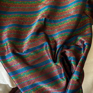 Vintage French Abstract Woven Silk Fabric ~ Blue Green Dk Pink Bronze