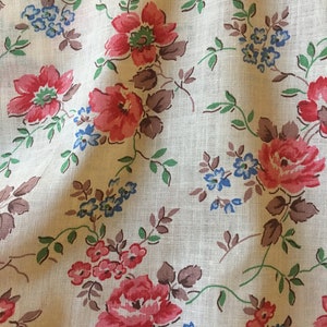 Beautiful Antique French Floral Cotton Fabric ~ Coral Pink Blue Green Brown Cream