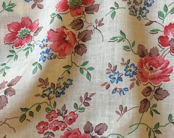 Beautiful Antique French Floral Cotton Fabric ~ Coral Pink Blue Green Brown Cream