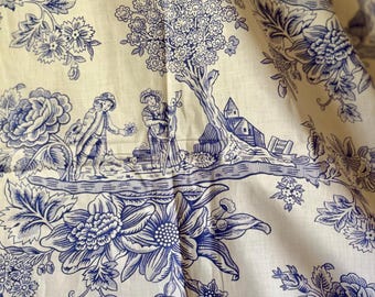 Incredibly Charming Vintage Pastoral Scenic Figural Toile Cotton Fabric~ English French Regency Country House Cottage Style~China Blue White