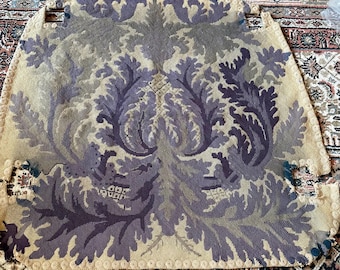 Antique French Acanthus Artichoke Handmade Wool Needlepoint Arm Chair Seat Cover #3~ Lavender Blue Gray