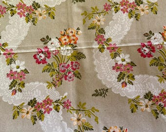Gorgeous Vintage French Brocade Design Floral Garland Cotton Interiors Fabric Remnant ~ Pink Orange Green ~ Romanex Boussac ~ Dated 1967