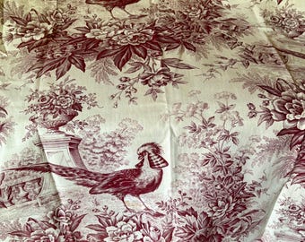Antique French Pheasant Bird Floral Scenic Figural Architectural Toile Cotton Fabric ~ Bordeaux